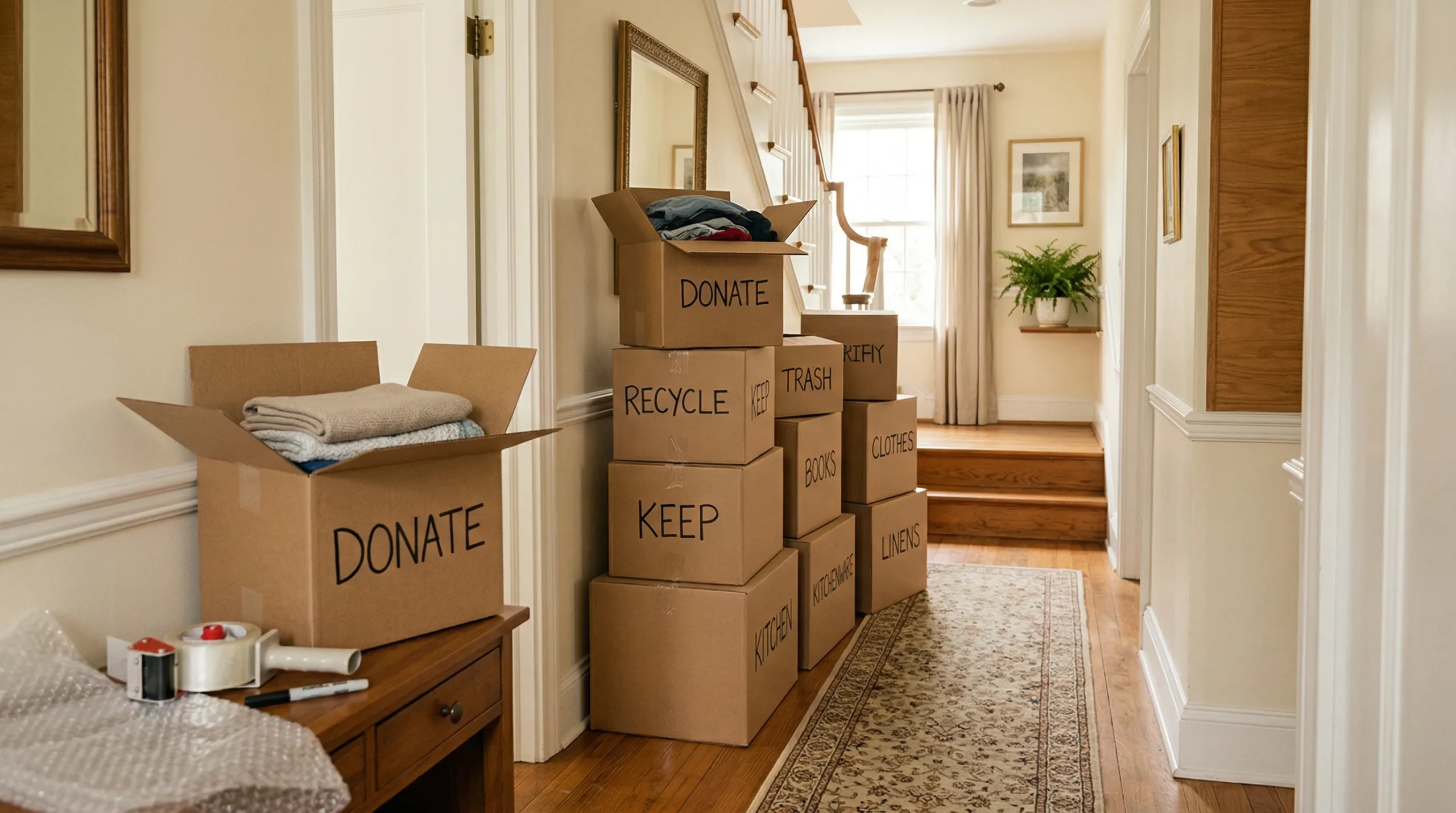 Sorting and organizing boxes for donation during hoarding cleanup