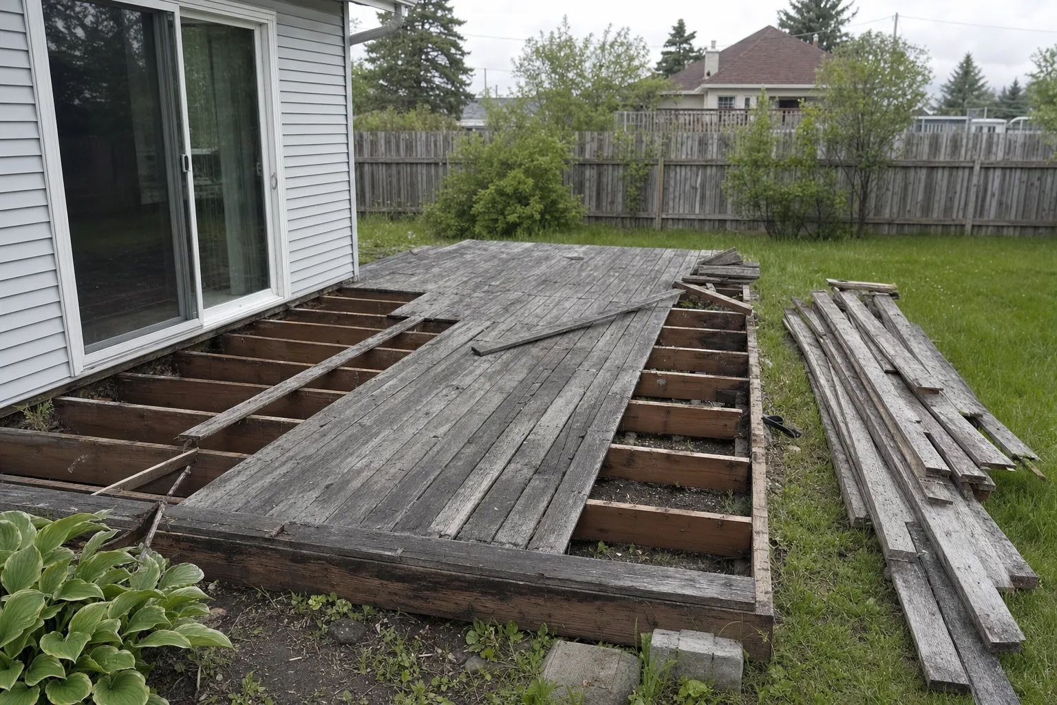 Old wooden deck being demolished with boards pried up in a London Ontario backyard