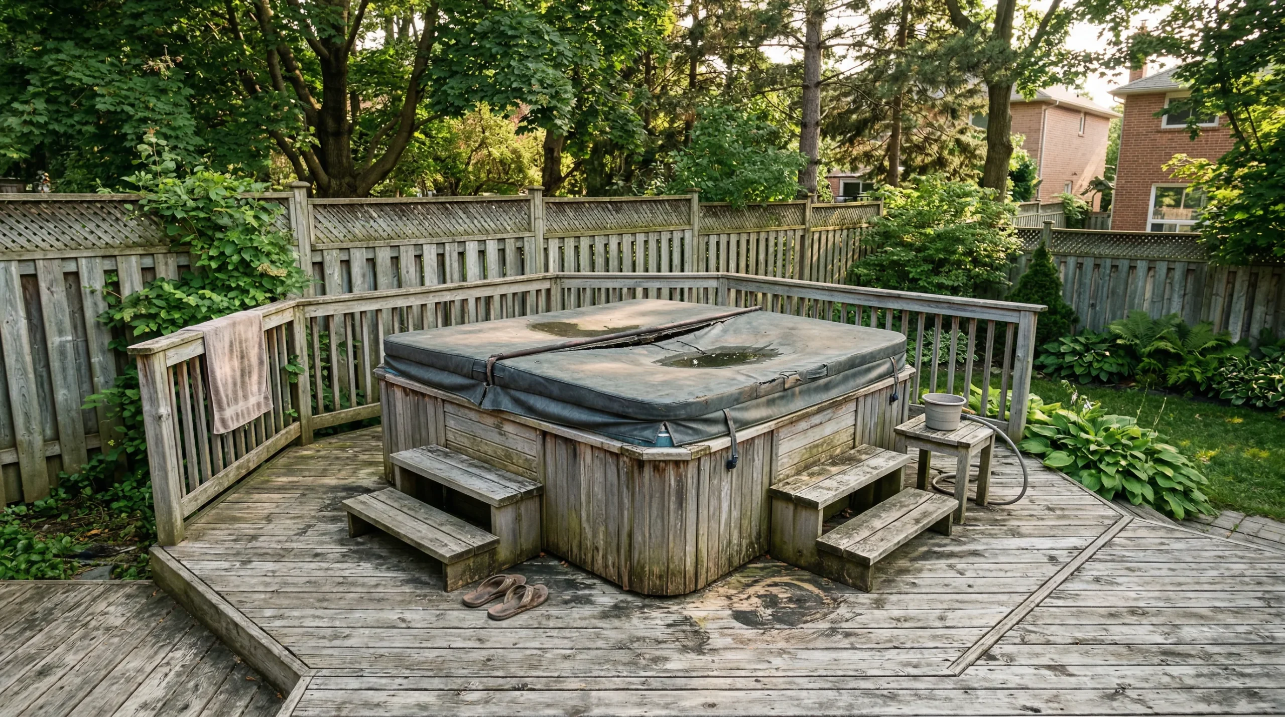 Old weathered hot tub on a backyard deck in London Ontario ready for removal